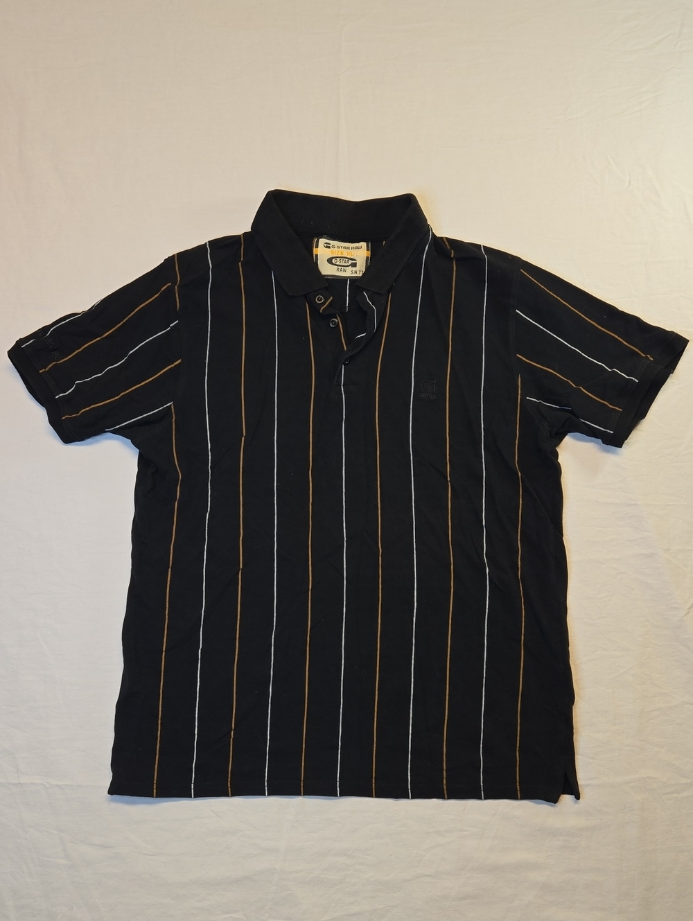 G-Star Raw Black Polo Shirt with Vertical White and Tan Stripes Vintage Y2K